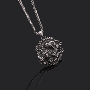 Collier pendentif tête de loup viking en acier inoxydable avec chaîne blé argent antique