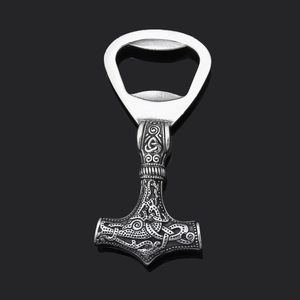 Vintage Thor's Hammer Mjolnir beer bottle opener in stainless steel with Celtic engravings