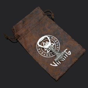 Silver Viking Thor's Hammer beer bottle opener with a brown leather drawstring gift pouch