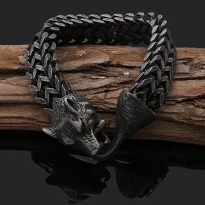 Bracelet Viking Nordique Vintage pour Hommes Tête de Loup Acier Inoxydable Antique Chaîne Tressée Bijoux Punk Biker Cadeau
