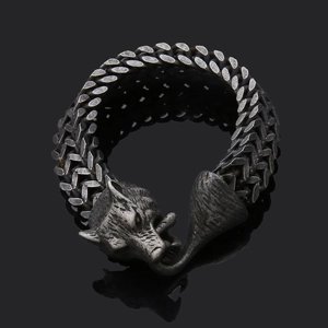 Bracelet Viking tête de loup en acier inoxydable avec chaîne tressée et finition vintage
