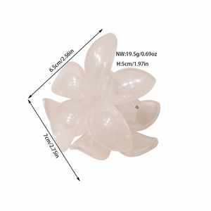 Frangipani flower hair claw clip in translucent cream resin with size dimensions