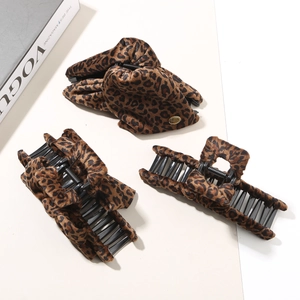Close-up of leopard print hair claw clips set with velvet texture on a fashion magazine