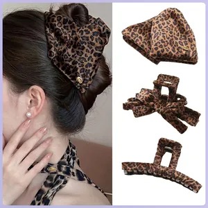Leopard Print Hair Claw For Women Large Rectangle Bow Hair Clip Fabric Wrapped Hair Accessories For Thick Thin Hair