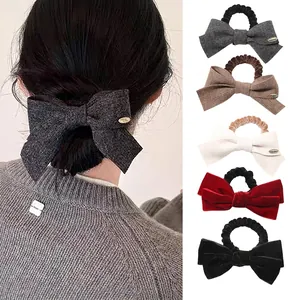 Chouchous à Nœud en Velours et Tricot à Haute Élasticité pour Femmes Élégant Automne Hiver Accessoires Cheveux Polyvalents
