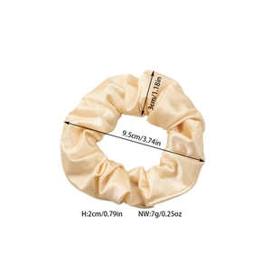 Champagne satin silk scrunchie with soft sheen and detailed measurements 9.5cm diameter