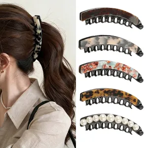 Vintage Acetate Tortoise Shell Banana Hair Clip Fashion Leopard Print Marble Pattern Hair Accessories For Women Daily