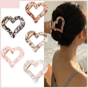 French Vintage Acetate Heart Hair Claw Clip Marble Tortoise Print Large Shark Clip For Women Elegant Hair Accessories