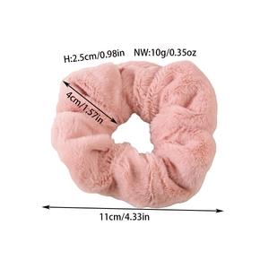 Pink plush faux rabbit fur scrunchie with 11cm diameter and soft fluffy texture for women