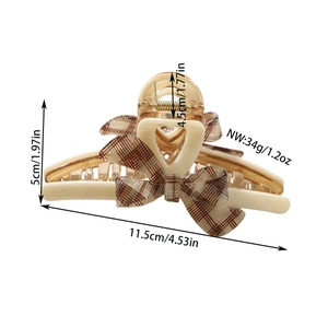Brown plaid bow claw clip in cream acetate for women with size annotations