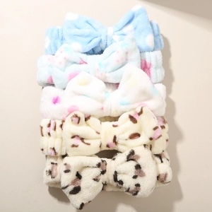 5-piece soft plush coral fleece headbands set with leopard, polka dot and floral patterns