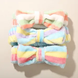 Soft Plush Bowknot Headband For Women Makeup Face Washing Coral Fleece Leopard Polka Dot Striped Elastic Spa Hair Band Accessory