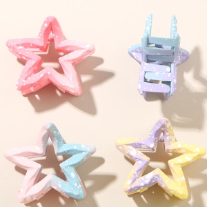 Star-shaped matte hair claws in gradient macaron colors with white splash patterns