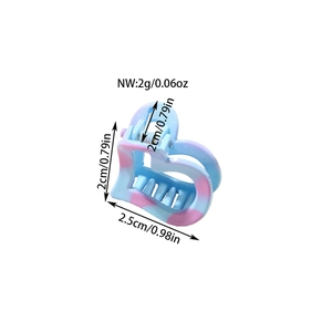 Blue heart-shaped hair claw clip with pink camo pattern, size 2.5cm, shown on white background