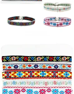 Detail view of 2cm ethnic embroidered chokers set with colorful bohemian floral patterns