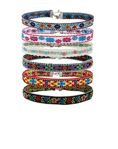 Detail view of 6-piece ethnic embroidered chokers with floral patterns and lobster clasp