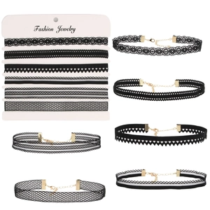 6-piece set of black lace choker necklaces with adjustable gold-toned lobster clasps