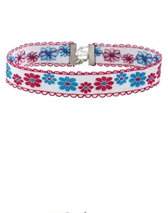 Detailed view of floral embroidery choker with pink lace trim and silver metal clasp