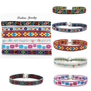 Bohemian Ethnic Embroidered Fabric Choker Necklace For Women Vintage Floral Geometric Pattern Ribbon Jewelry Neckwear Alloy Clasp