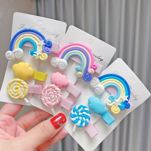 Cute girls cartoon hair clips set with rainbow and candy designs in pastel colors