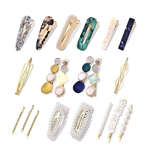 Lot de 15 pinces à cheveux en acétate marbré, perles et épingles dorées géométriques