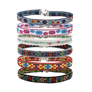 Set of six bohemian ethnic embroidered choker necklaces with colorful floral patterns