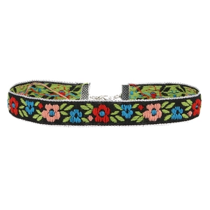 Ethnic embroidered choker necklace with colorful floral patterns and adjustable clasp