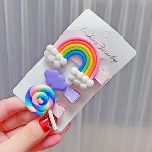 Set of 3 cute cartoon hair clips featuring rainbow clouds and candy for young girls