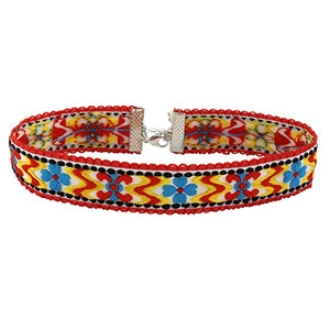 Bohemian ethnic embroidered choker set with colorful floral patterns and red lace edge