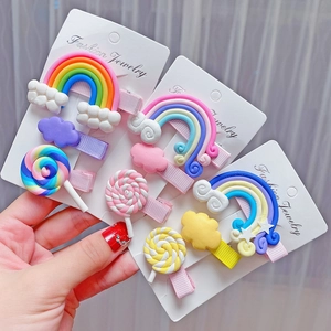 Kids Cute Cartoon Rainbow Lollipop Hair Clip Set For Girls Sweet Cloud Polymer Clay Hairpins Fabric Wrapped Alligator Clips Jewelry Accessories
