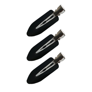Three black professional no-crease hair clips with silver metal base on white background