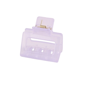 Detail of lavender translucent rectangular acrylic hair claw clip with metal spring