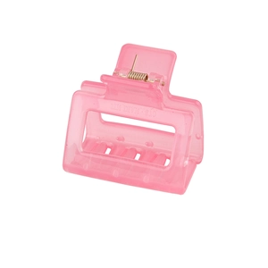 Close-up of pink translucent acrylic hair claw with rectangular cutout and metal spring