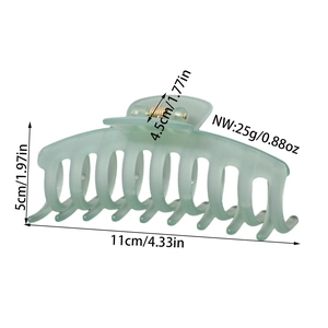 Macro view of matte mint green hair claw clip with detailed dimensions 11cm length