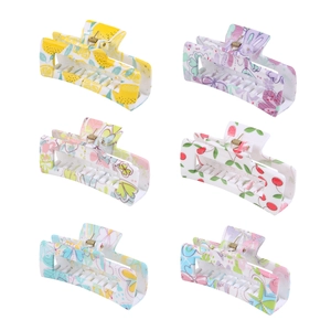 Set di sei mollette per capelli rettangolari in plastica con motivi floreali e limoni