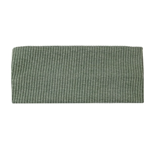 Detailed view of green ribbed knitted headband showing elastic wool blend texture
