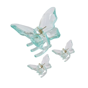 Dreiteiliges Set transparenter eisblauer Schmetterlings-Haarklammern mit Metallfedern
