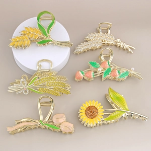 Ensemble de pinces à cheveux élégantes en alliage doré aux motifs de tulipes et d'épis