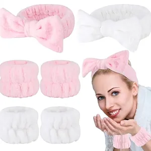 Elastic Bowknot Headband And Absorbent Wristbands For Face Washing Makeup Spa Coral Fleece Soft Plush Hair Accessory Collection For Women Girls Home Daily Use