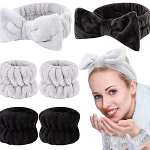 Microfiber bow headband and matching wrist washbands set in grey and black colors