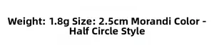 Detailed size chart showing 2.5cm diameter and 1.8g weight for semi-circle hair claw