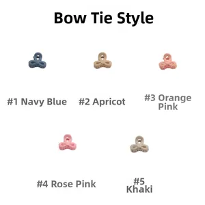 Bow-shaped matte hair claws in navy, apricot, pink, and khaki shown in a flat lay grid