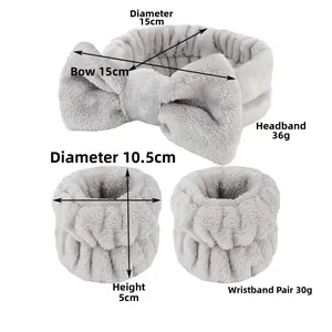 Gray flannel headband and wristband set with bow decoration for face washing
