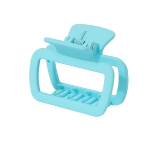 Detail view of a square mint blue matte hair claw clip with a hollow rectangular frame