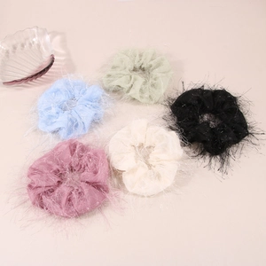 Set of 5 pastel organza scrunchies with feather trim in pink, blue, green, white and black