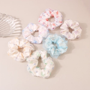Set of 6 pastel mesh heart scrunchies featuring floral and polka dot patterns for women