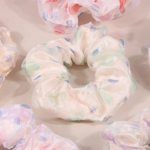 Translucent mesh heart scrunchies with colorful macaron dots in ruffled organza fabric