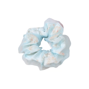 Floral light blue mesh scrunchie with layered fabric design for elegant hairstyles