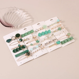 Élégant ensemble de 20 barrettes à cheveux vert et perles avec strass brillants pour femmes