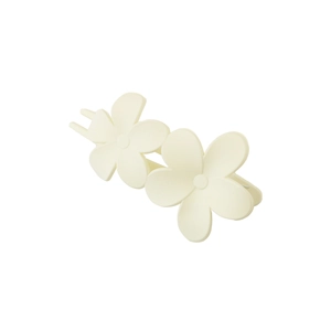 Close-up of cream-white floral hair claw clip with matte finish and dual flower design